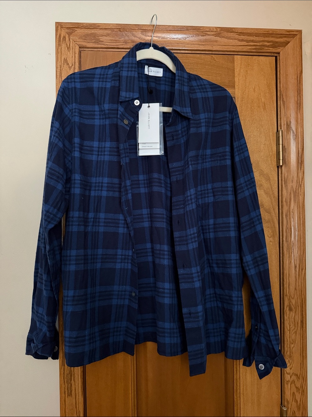 John Elliott Navy and Blue Plaid Button-Down Shirt